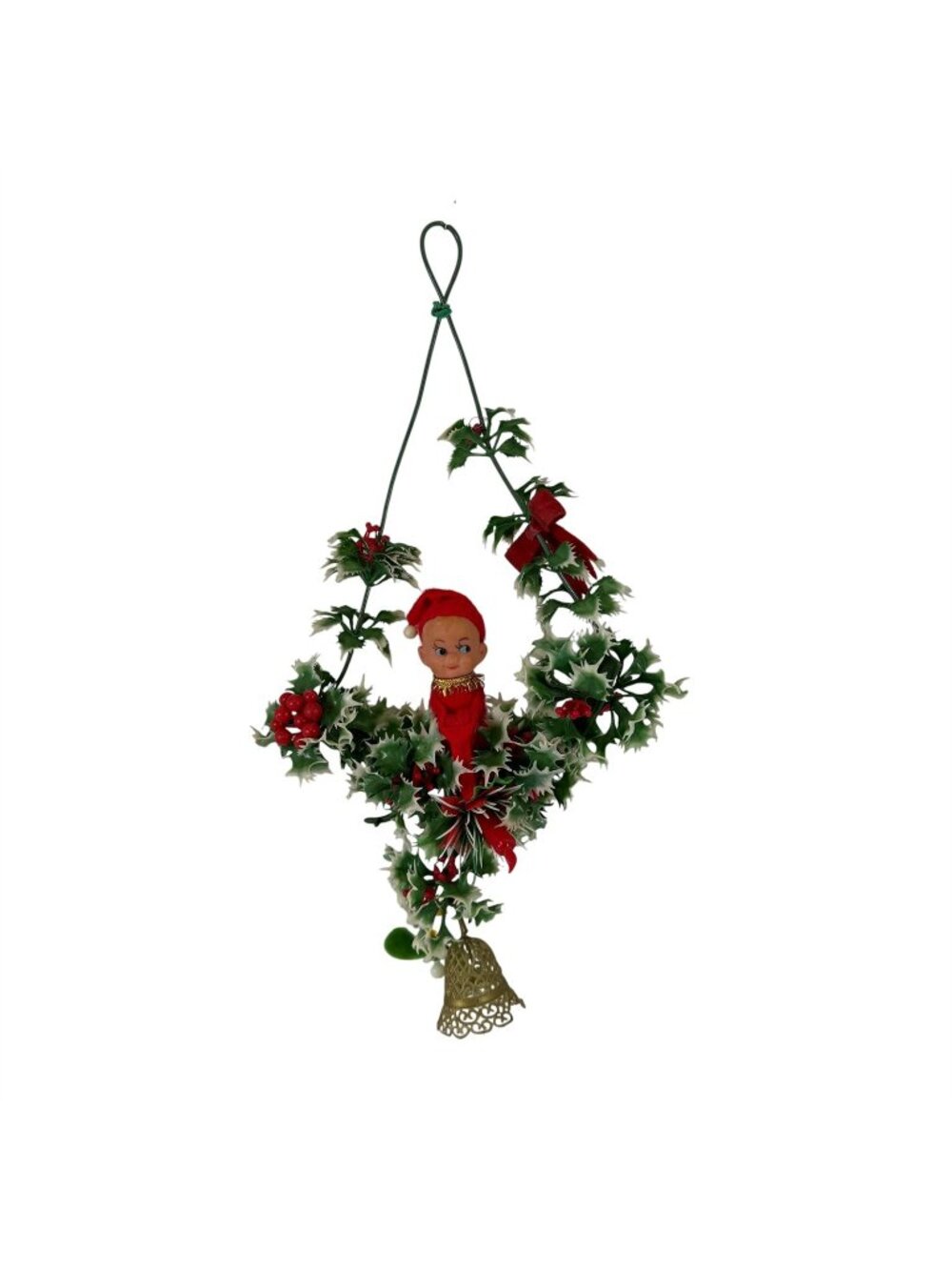 Knee Hugger Pixie Elf Holiday Christmas Decoration Plastic Holly Vintage 1960s